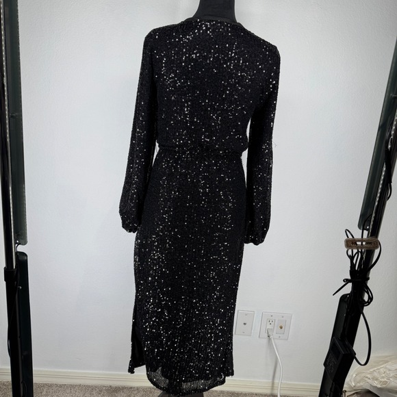 Betsey Johnson Black Sequin V Neck Long Sleeve Midi Dress Small - Picture 7 of 8